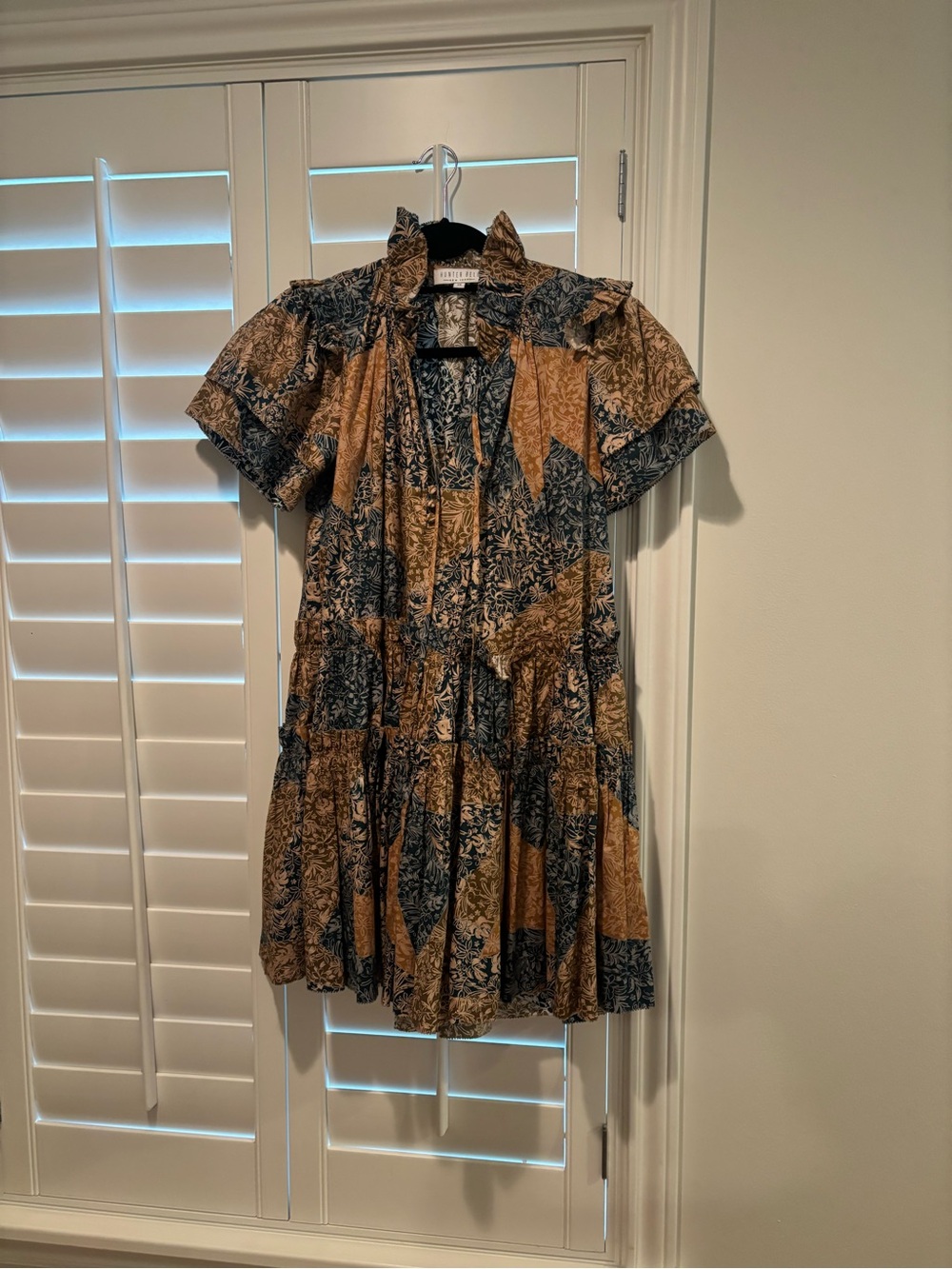 HUNTER BELL Patchwork Floral Short Sleeve Dress in Navy and Tan
